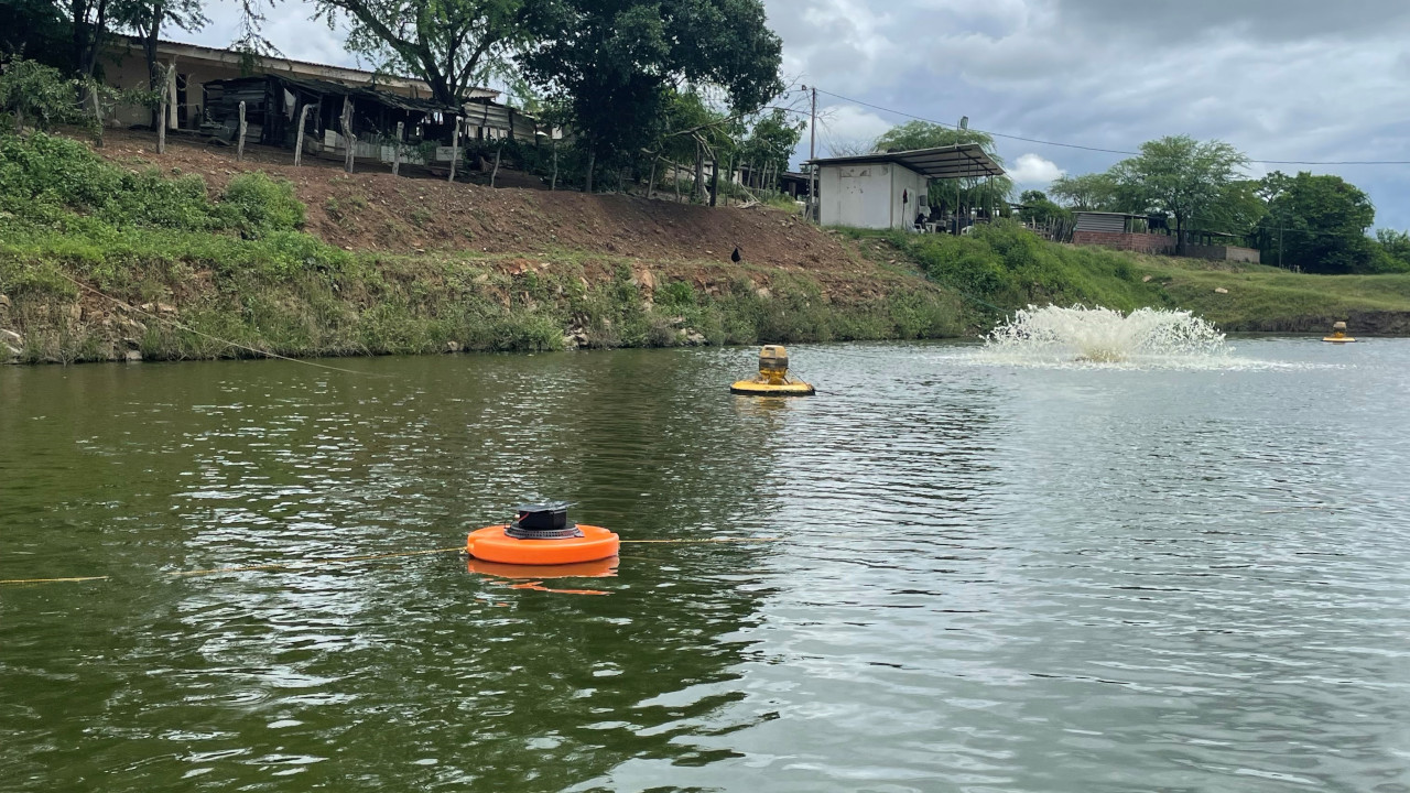 Viveiro de aquicultura com aeradores em funcionamento
