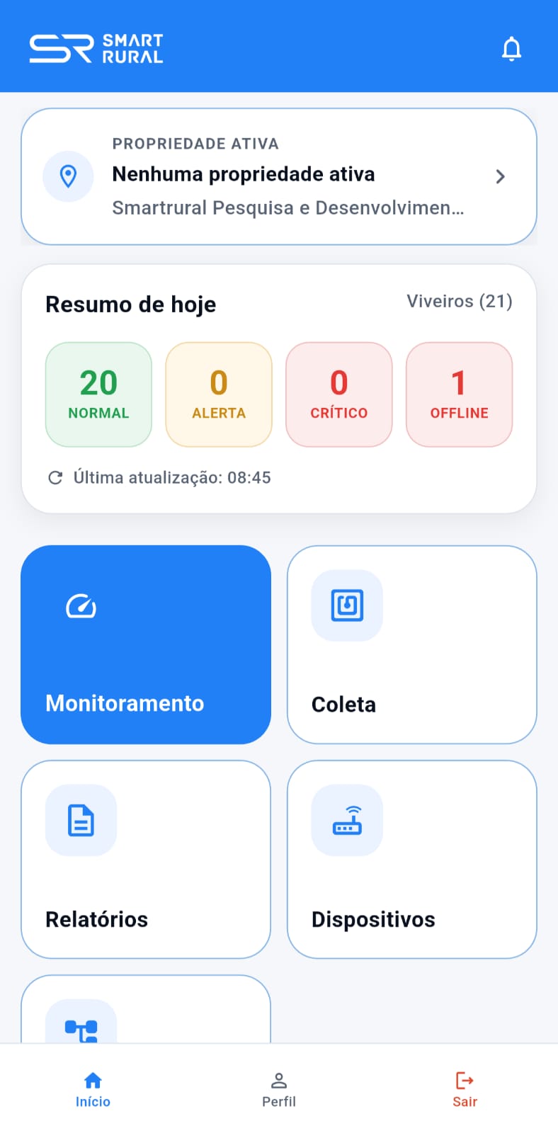 Tela real do aplicativo SmartRural com resumo da operação