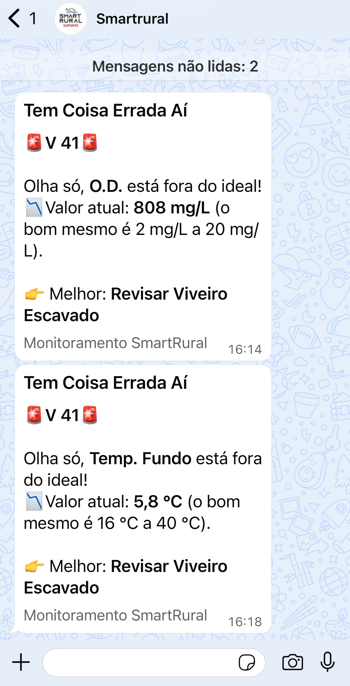 Alertas de monitoramento SmartRural recebidos pelo WhatsApp